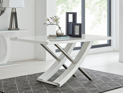 Furniturebox Mayfair 6 Seater High Gloss And Shiny Stainless Steel Metal Dining Table With Striking Curved X Shaped Legs White