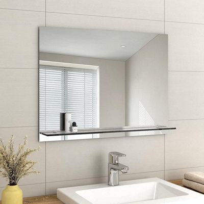B&Q -  Frameless Mirror With ShelfSmall Bathroom Wall Shaving Mirror With StorageRectangle Vanity Mirrors 60X80Cm