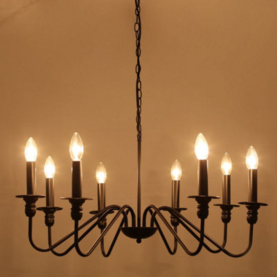 74cm Vintage 8-Light Candle Chandelier, Black Metal Pendant Light with 186cm Chain