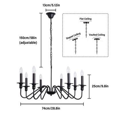 74cm Vintage 8-Light Candle Chandelier, Black Metal Pendant Light with 186cm Chain