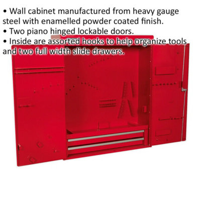 750 x 225 x 890 Wall Mounted 2 Drawer Tool Cabinet - RED - Lockable Storage Unit