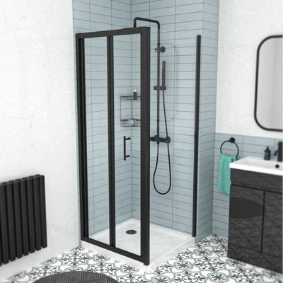 Nes Home Black 760Mm Bi-Fold Shower Door, 760Mm Side Panel Tempered Glass Small