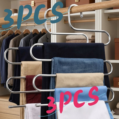  - 3 Pack Multi Layer Clothes HangerTrousers Pants Storage Closet Space Saving Organizer Rack