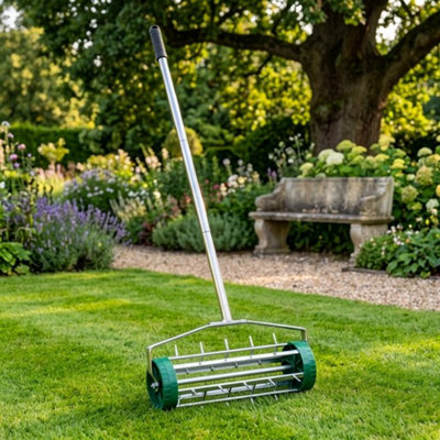  - Heavy Duty Lawn Aerator Roller Steel Garden Spike Roller With 3 Piece Handle