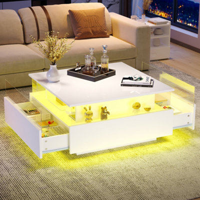Abrihome Modern Led Coffee TableSquare Tea Table With 2 Sliding Drawers Wood Center Table Acrylic Glass Coffee TableWhite from B&Q