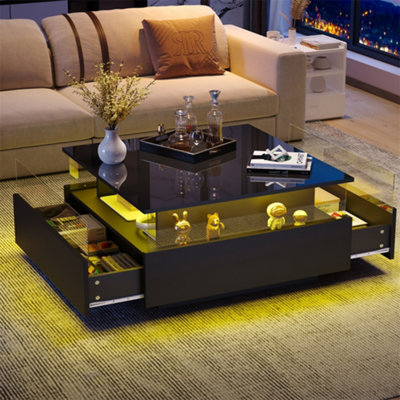 Abrihome Modern Led Coffee TableSquare Tea Table With 2 Sliding Drawers Wood Center Table Acrylic Glass Coffee TableBlack from B&Q