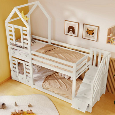 Abrihome Children Solid Pine Wood Bunk Bed With Storage & Window190X90Cm (3Ft Single)WhiteTwin Sleeper Cabin Bed For Kids from B&Q