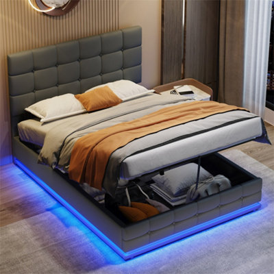 Abrihome Ottoman 4Ft6 Double Bed With Led LightingPu Leather Upholstered Bed With Hydraulic StorageGrey (No Mattress) from B&Q