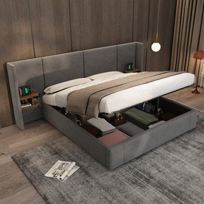 Abrihome Upholstered Super King Size Bed Frame With Hydraulic StorageUsb Ports & Bedside TablesGrey Velvet from B&Q
