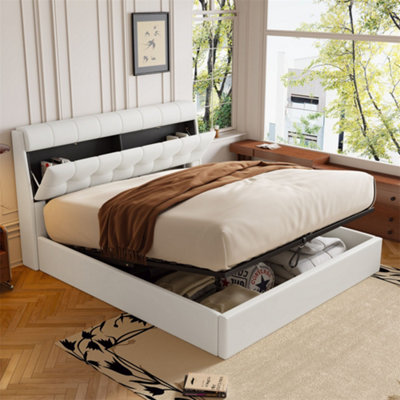 Abrihome Fashion Upholstered Bed,150X200(5Ft)King BedConcealed Headboard StorageWithout MattressPuCream White from B&Q