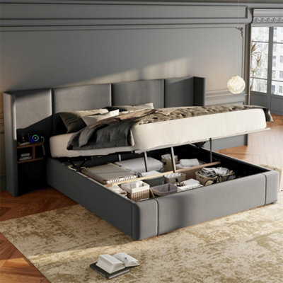 Abrihome 5Ft(150X200Cm)Upholstered BedHydraulic Wide-Ear Bed With Usb ConnectionWith SocketsWith Two Bedside Tables Grey from B&Q