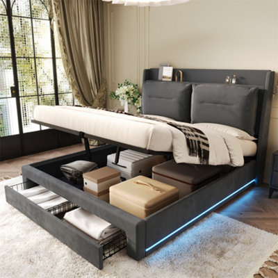 Abrihome Upholstered Storage Bed With Hydraulic LiftLed Lights & DrawersDark Grey VelvetDouble 135X190Cm (4Ft6) from B&Q