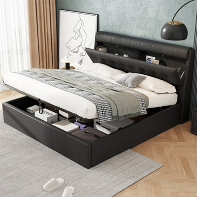 Abrihome Fashion Upholstered Bed150X200(5Ft)Hydraulic BedConcealed Headboard StorageWithout MattressPuBlack from B&Q