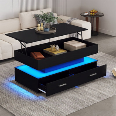 Abrihome Hydraulic Lift Top Coffee TableLed Coffee Tables With StorageCoffee Table With 2 Drawers & Led LightBlack from B&Q