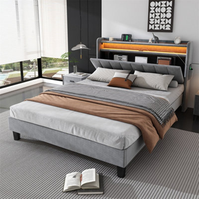 Abrihome Upholstered Bed4Ft6 Double Bed 135X190CmLower Flap Door StorageWith Led Light Strip3 Usb Port+1 Type CVelvetGrey from B&Q