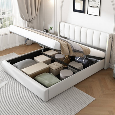 Abrihome Led Upholstered Bed ,double Bed-4Ft6(135X190Cm)Rechargeable Usb Port In BedWith Storage SpacePuWhite from B&Q