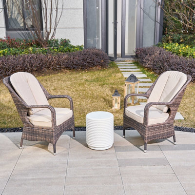 Title Abrihome 3-Piece Outdoor Garden Bistro SetBrown Rattan Chairs With A White Concrete Side Table from B&Q