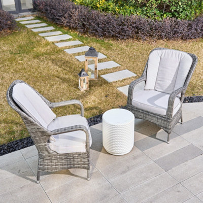 Abrihome 3-Piece Outdoor Garden Bistro SetGrey Rattan Chairs With A White Concrete Side Table from B&Q