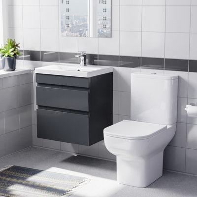 B&Q -  500mm Wall Hung Vanity Unit 2 Drawers Anthracite With Basin & Toilet