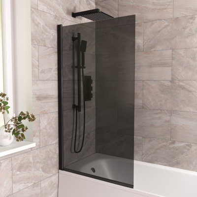 Nes Home 800mm Square Bath Screen Black Profile Tinted Black Glass Reversible  Kai from B&Q