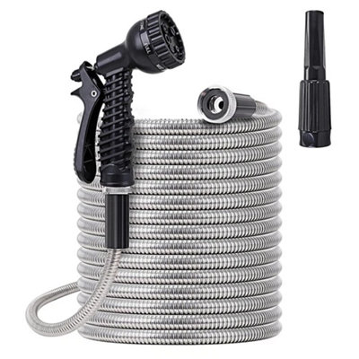 75FT Stainless Steel Garden Hose Pipe Rust-Proof Kink-Free with Spray Gun
