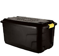 75L Heavy Duty Trunk on Wheels Sturdy, Lockable, Stackable and Nestable Design Storage Chest with Clips in Black