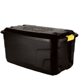 75L Heavy Duty Trunk on Wheels Sturdy, Lockable, Stackable and Nestable Design Storage Chest with Clips in Black