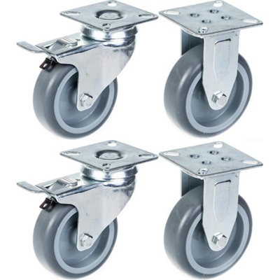 75mm 3" castor grey rubber tyre, brake & fixed, 240kg capacity, set of 2