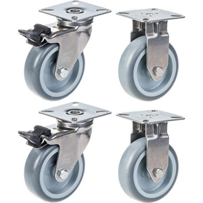 75mm 3" stainless steel castor grey rubber, brake & fixed, 240kg, set of 4