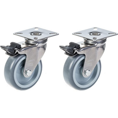 75mm 3" stainless steel castor grey rubber, swivel with brake, 120kg, set of 2