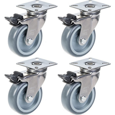 75mm 3" stainless steel castor grey rubber, swivel with brake, 240kg, set of 4