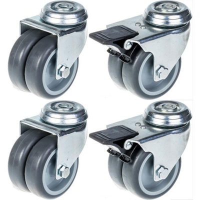 75mm 3" twin wheel castor grey rubber swivel & brake 400kg capacity, set of 4