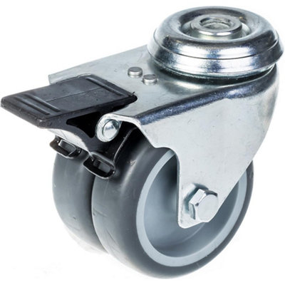 75mm 3" twin wheel castor grey rubber swivel with brake 100kg capacity
