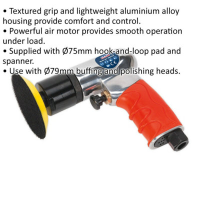 75mm Mini Air Polisher - Textured Grip - Lightweight Aluminium - Hook & Loop Pad