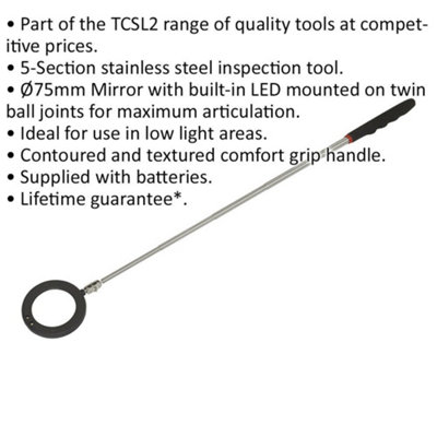 75mm Telescopic Inspection Mirror with LED Light - 290mm to 870mm Extending Tool