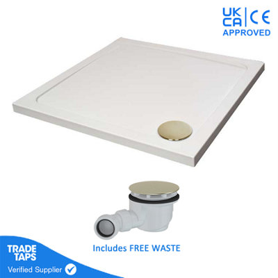 760 x 760mm White Square 45mm Low Profile Shower Tray with Brushed Brass Waste