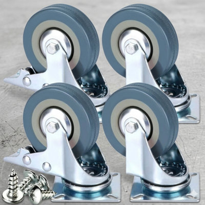  - 4X Heavy Duty 50mm Swivel Rubber Castor Wheels With Brake Trolley And Furniture Caster