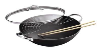 Kuhn Rikon Jampur Cast Iron Induction Wok With Dual HandlesGlass Lid & Chop Sticks36Cm
