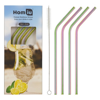 Homiu 4 Pack Multicolour Stainless Steel Straws With Cleaning BrushLong Drinking StrawsReusable Metal Drinking Straw from B&Q
