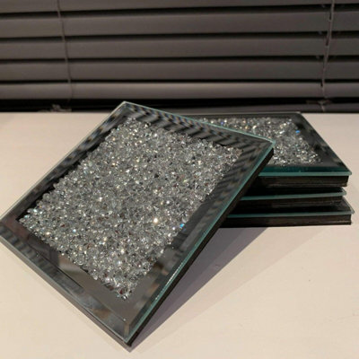 DEENZ Set Of 4 Crystal And Mirror Coaster Crushed Diamante Jewel Silver 10X10 from B&Q