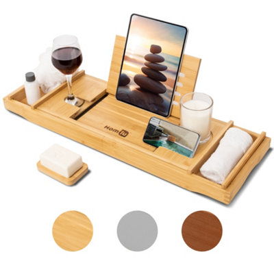 Homiu Bamboo Bathtub Caddy Tray Expandable Bath Caddy Organizer W/ Book Ipad Kindle Stand from B&Q
