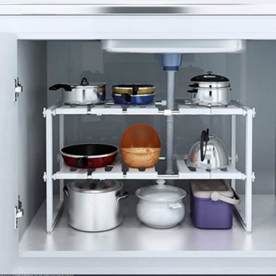 B&Q -  2X Under Sink Shelf Adjustable Extendable Storage Stainless Steel Pp Plastic Rack Kitchen Bathroom Organiser Tidy