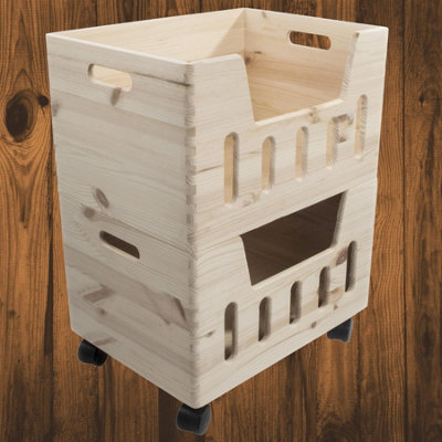 B&Q -  2 Tier Wooden Storage Box Set With Wheels Open Crates For Kitchen Bedroom Wardrobe Storage 39 X 30 X 52 Cm