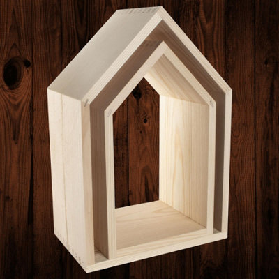 Woodeedoo Set Of 2 Wooden House Shaped Wall Shelves Open Back Pine Display Units For Nursery Bedroom Kids Room Craft Wall Decor from B&Q