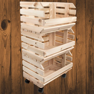 Woodeedoo 3-Tier Stackable Wooden Vegetable Rack Storage Crate Set With Wheels Mobile Food Kitchen Organiser 39.5X29.5X74.5Cm from B&Q