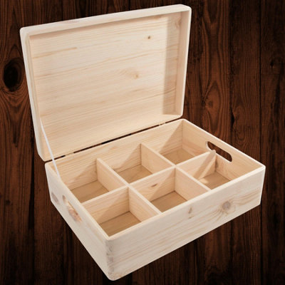 Woodeedoo Large Pinewood Storage Box With Lid Handles And 6 Compartments For Craft Supplies Jars Trinkets Valuables 39.5X29.5X13Cm from B&Q