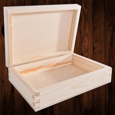Woodeedoo Small Shallow Wooden Storage Box With Hinged Lid Unpainted Pine Gift Craft Keepsakes Décor Case 17.5 X 13.5 X 5 Cm