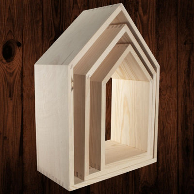 Woodeedoo Set Of 3 Wooden House Shaped Wall Shelves Open Back Pine Display Boxes For Nursery Bedroom Craft Or Decorative Storage from B&Q