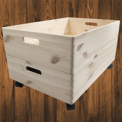 Woodeedoo 2 Tier Extra Large Shallow Open Top Wooden Storage Boxes With Wheels And Stackable Crate 59.5X39.5X32Cm from B&Q