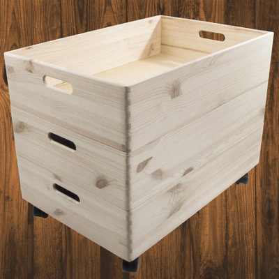 Woodeedoo 3 Tier Extra Large Shallow Open Top Wooden Storage Boxes With Wheels And Stackable Crate 59.5X39.5X45.5Cm from B&Q
